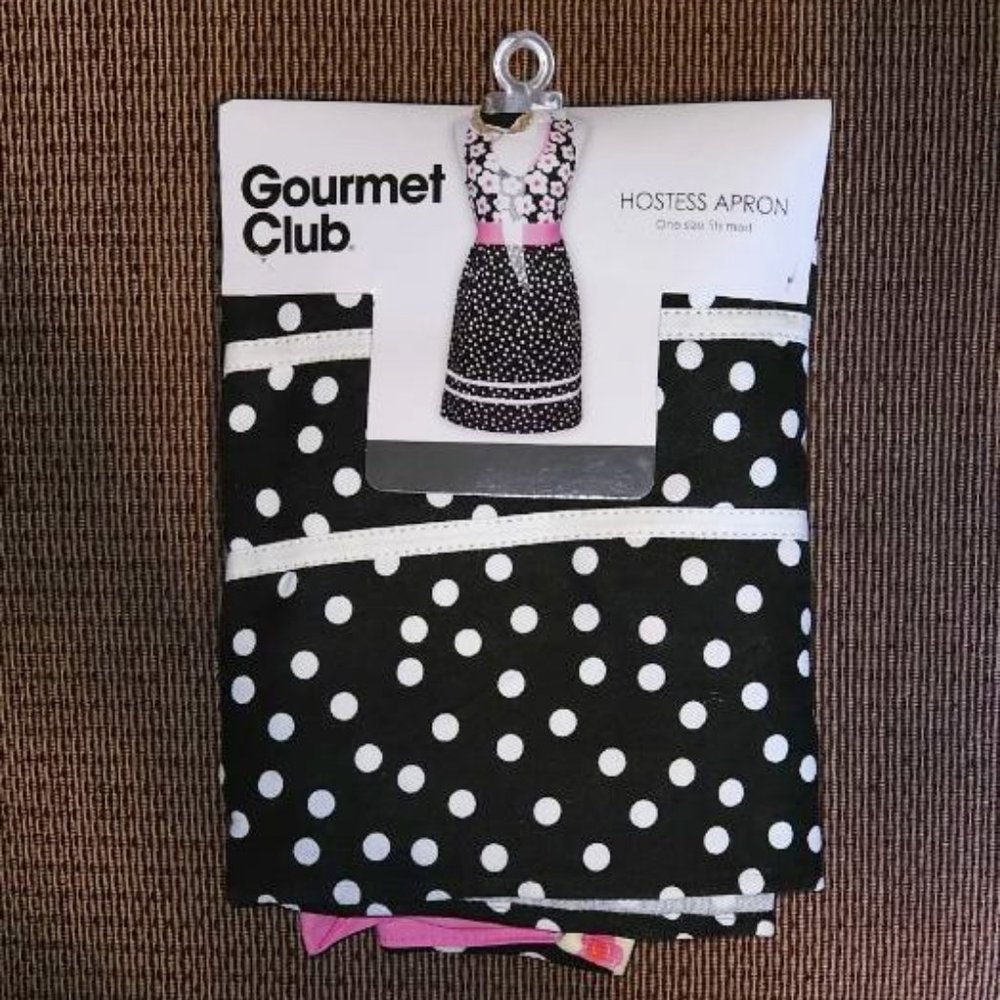 New Gourmet Club Hostess Apron Pink/Black/White Polka Dots/Flowers